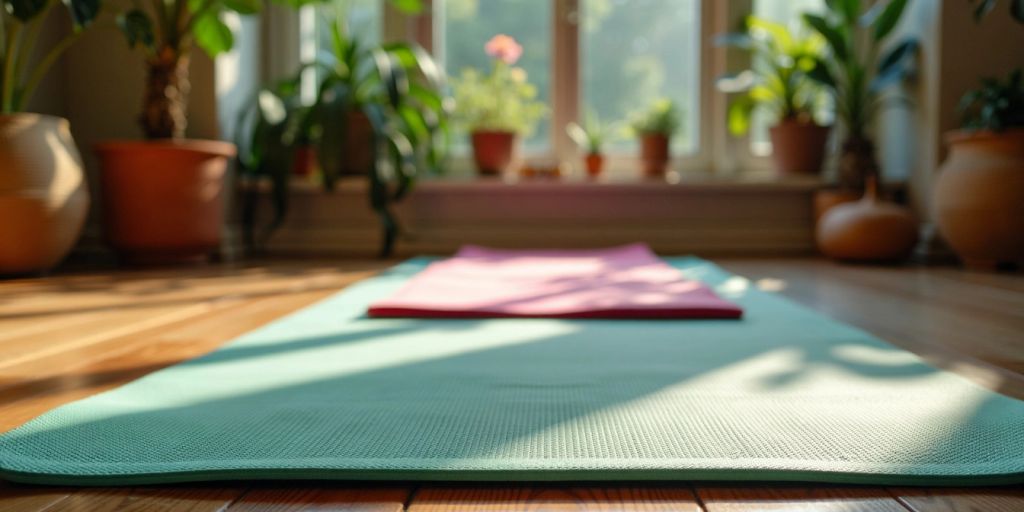 Vibrant yoga mat in a serene studio setting.