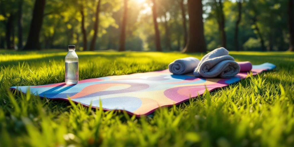 Colorful yoga mat on grass in peaceful outdoor setting.