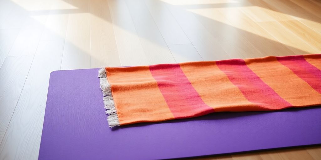 Colorful yoga mat and towel on wooden floor.