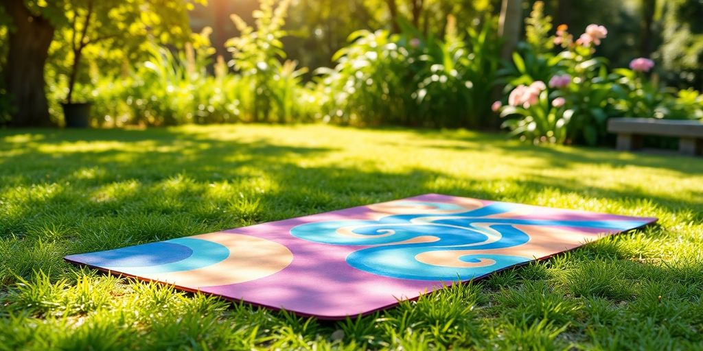 Colorful yoga mat in a serene outdoor setting.