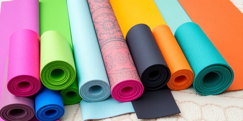 Various colorful yoga mats displayed on a soft surface.