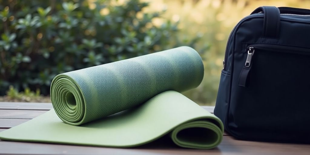 Lightweight yoga mat and travel bag in nature.