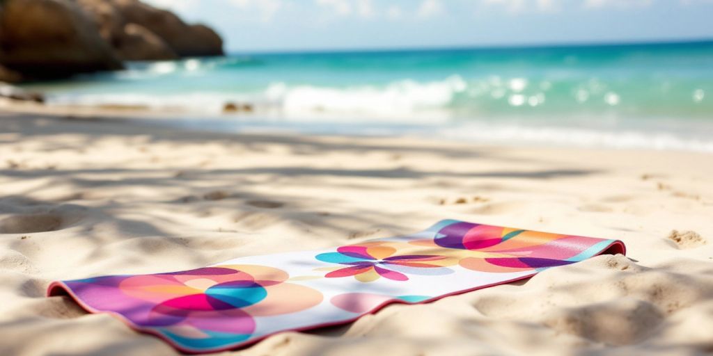Colorful travel yoga mat on a beach with ocean view.