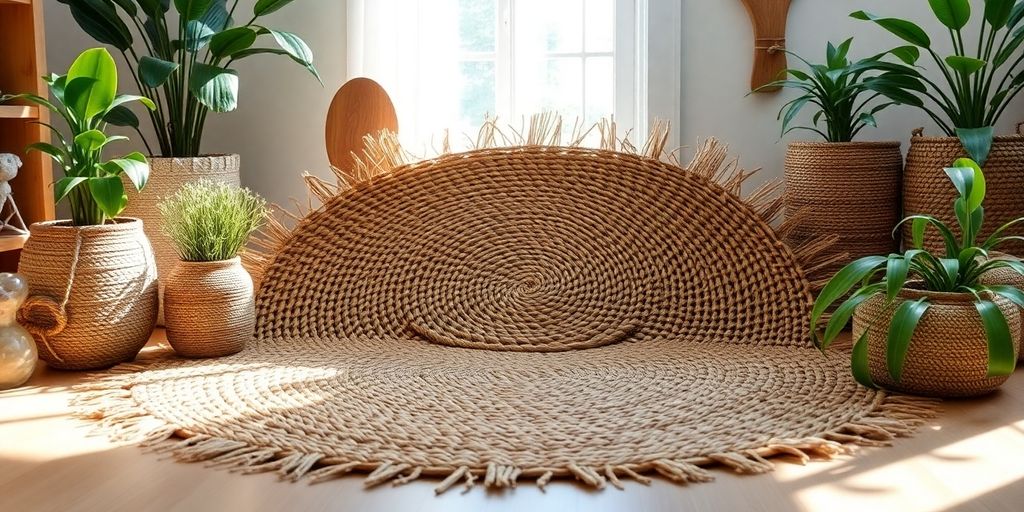 Woven grass mat in a bright, cozy home interior.