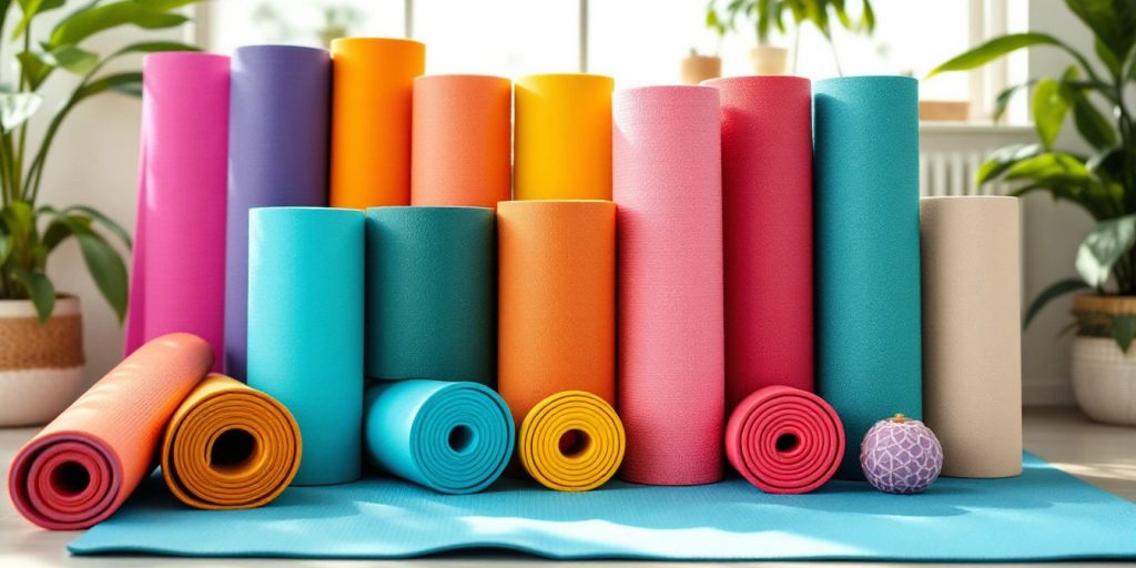 Colorful sustainable yoga mats arranged in a serene studio.