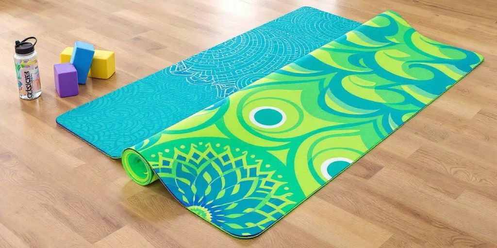 Reversible yoga mat with blue and green designs.