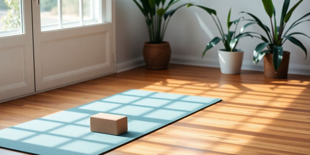 Yoga mat set with blocks in a serene environment.