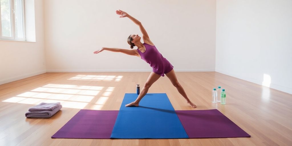 Yoga mat with person practicing yoga in bright studio.