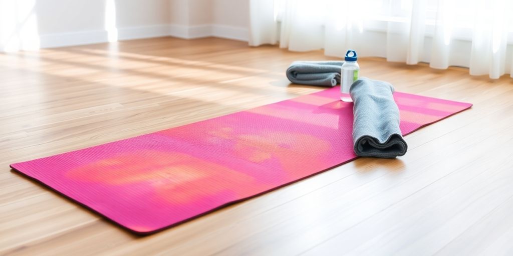 Colorful yoga mat for hot yoga on studio floor.