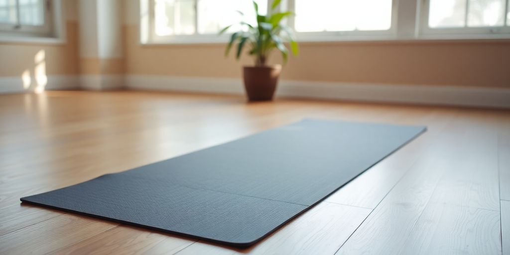 Manduka Pro yoga mat on a wooden floor in sunlight.
