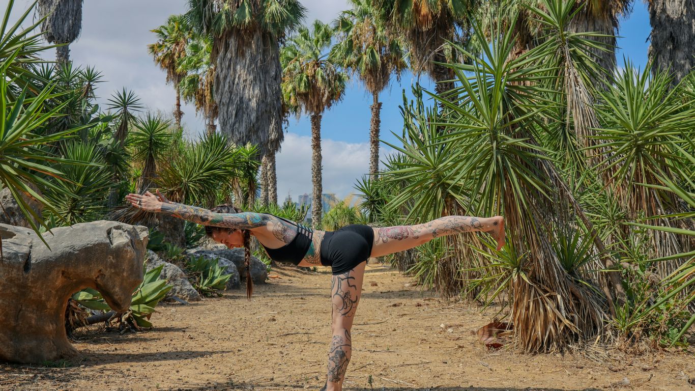 woman in black tank top and black leggings doing yoga on brown wooden log near green