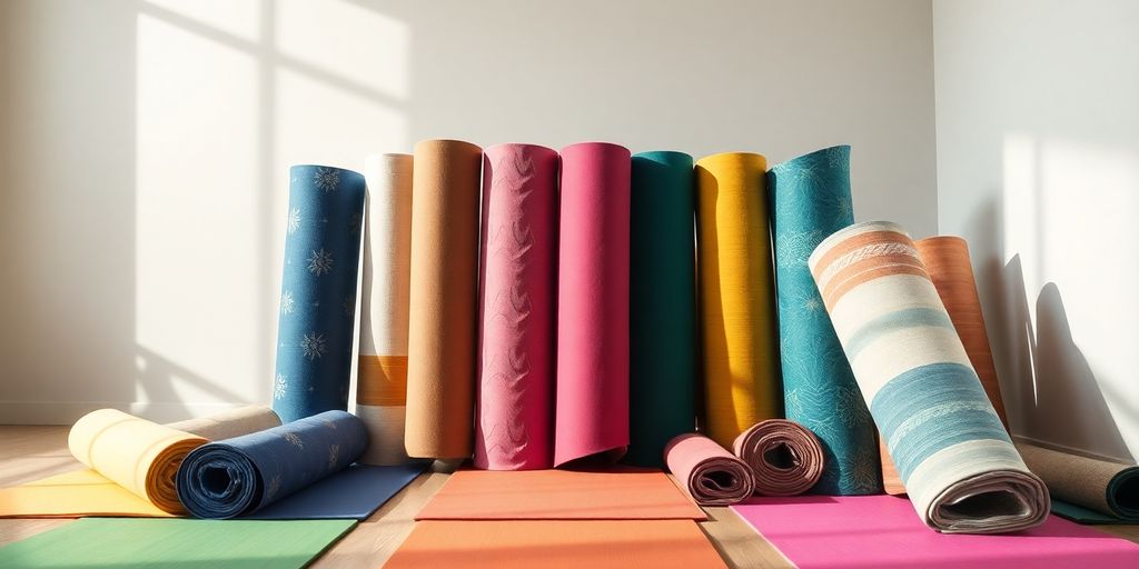 Colorful eco-friendly yoga mats in a tranquil studio.