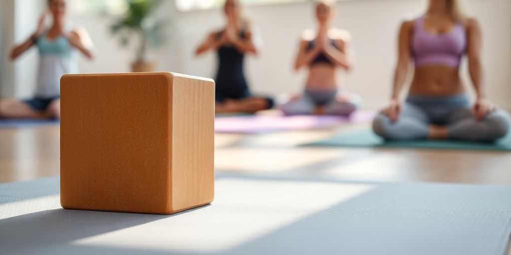 Yoga block on a mat with soft natural lighting.