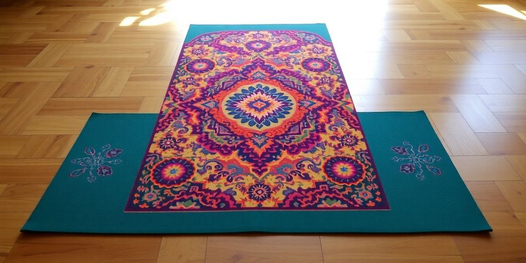 Colorful Pendleton yoga mat on wooden floor.