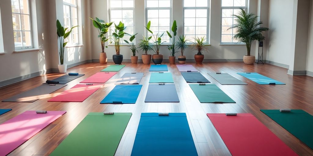Colorful yoga mats in a bright, peaceful studio.