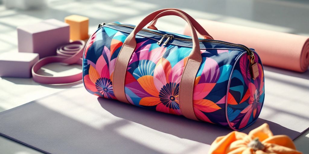 Colorful yoga bag on a mat with props.