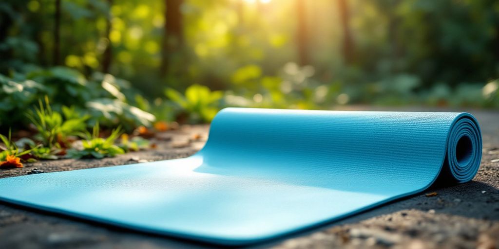 Eco-friendly exercise mat on grass with sunlight.