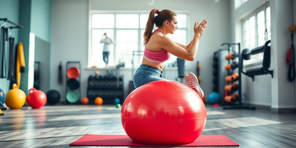 Person balancing on a stability ball in a gym.