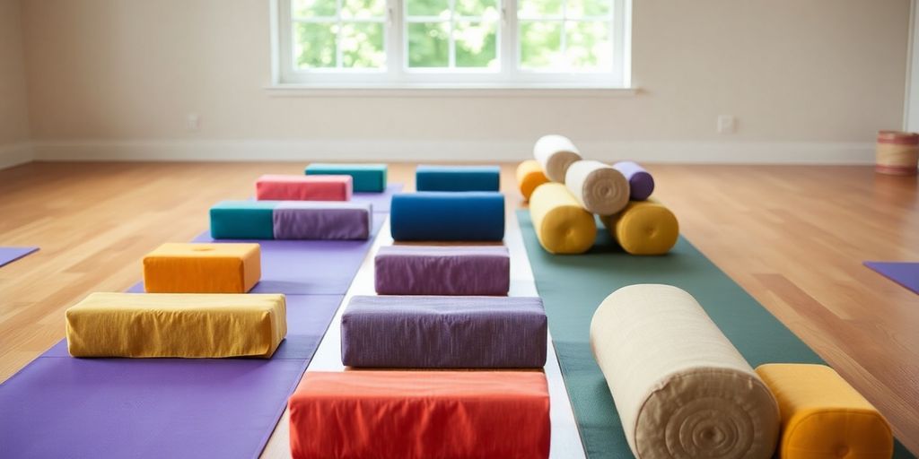 Yoga blocks and bolsters in a serene studio setting.