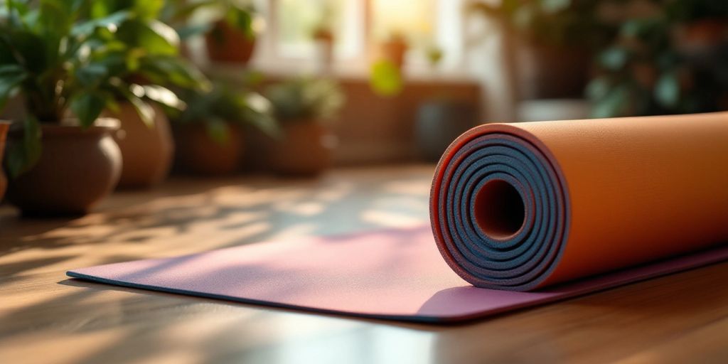 Thick yoga mat on wooden floor with plants.