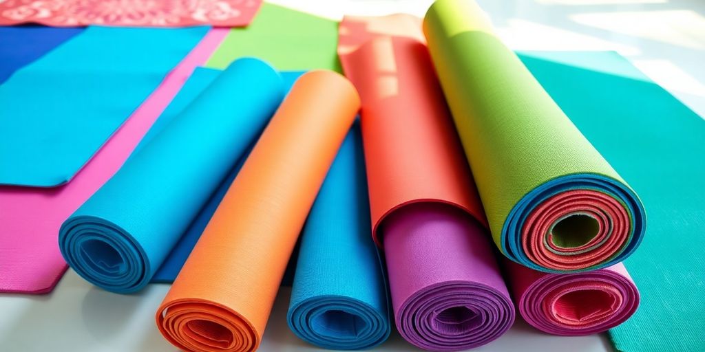 Colorful yoga mats in various designs on display.