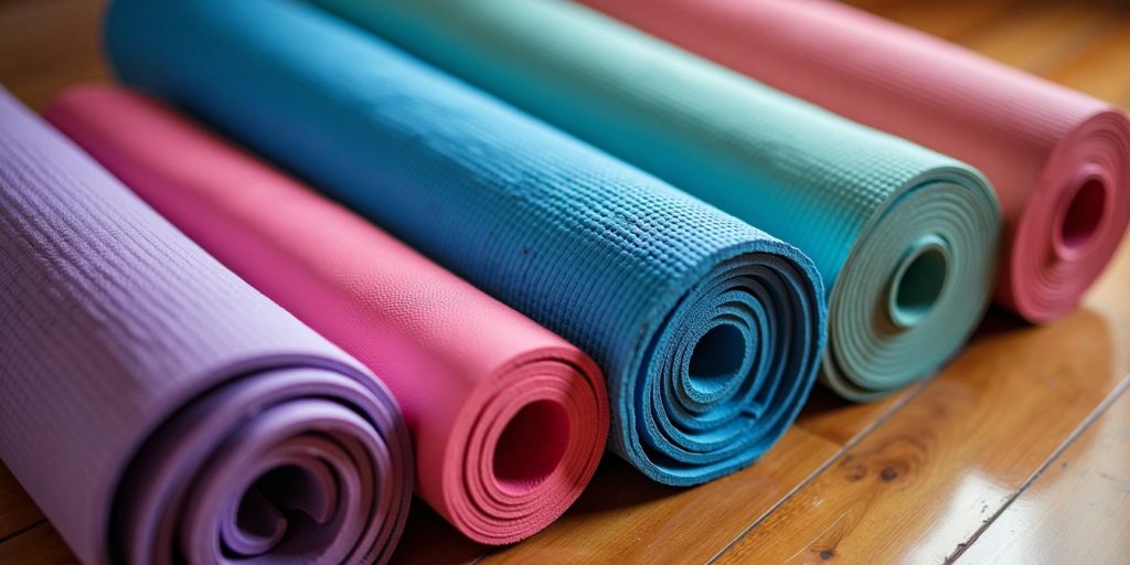 Colorful yoga mats arranged on a wooden floor.