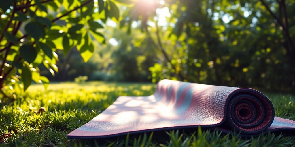 Colorful yoga mat on grass in natural light.