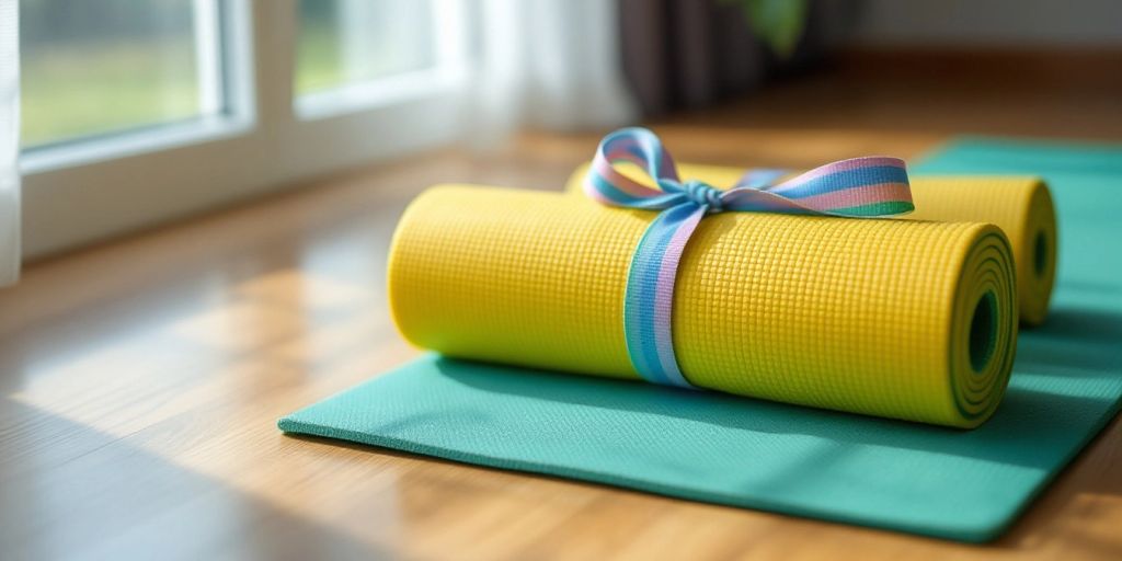 Colorful yoga mat tied with a strap on wooden floor.