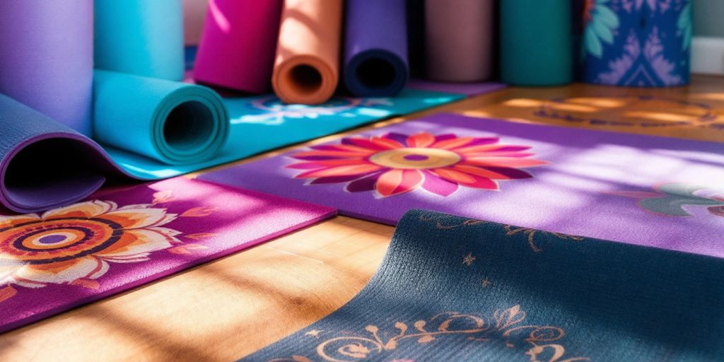 Colorful custom yoga mats on a wooden floor.