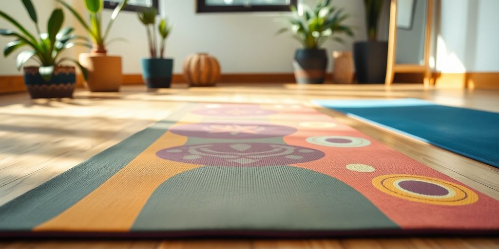 Colorful yoga mat in a peaceful studio environment.