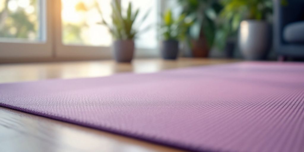 Wide, thick yoga mat on a wooden floor.