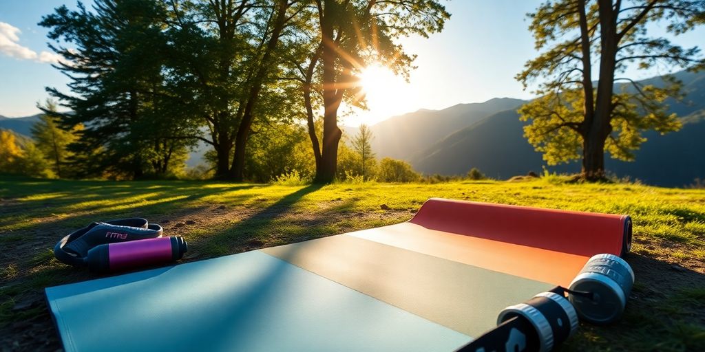 Travel exercise mat in a scenic outdoor setting.