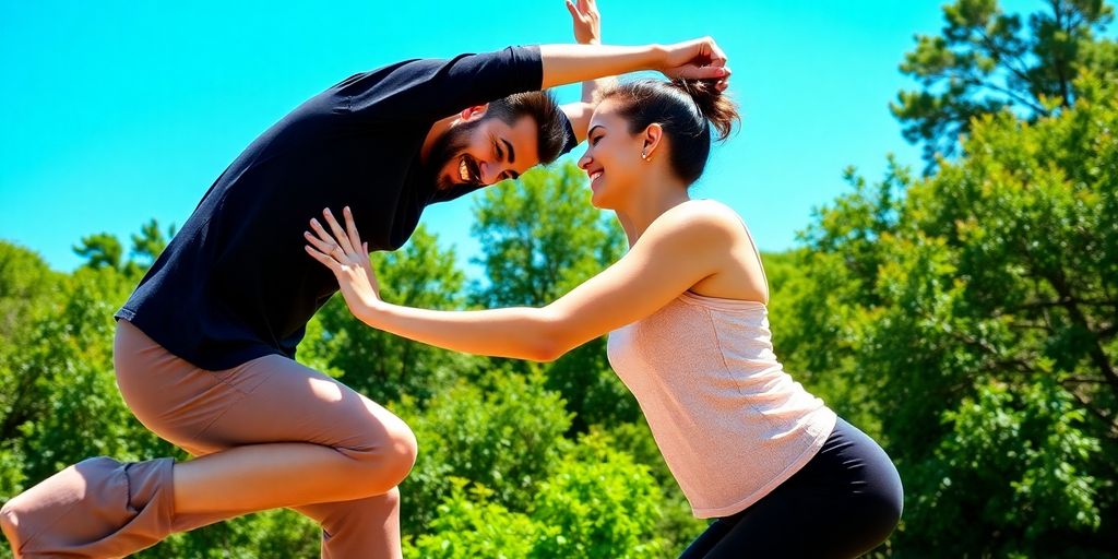 Two people practicing partner yoga in a natural setting.