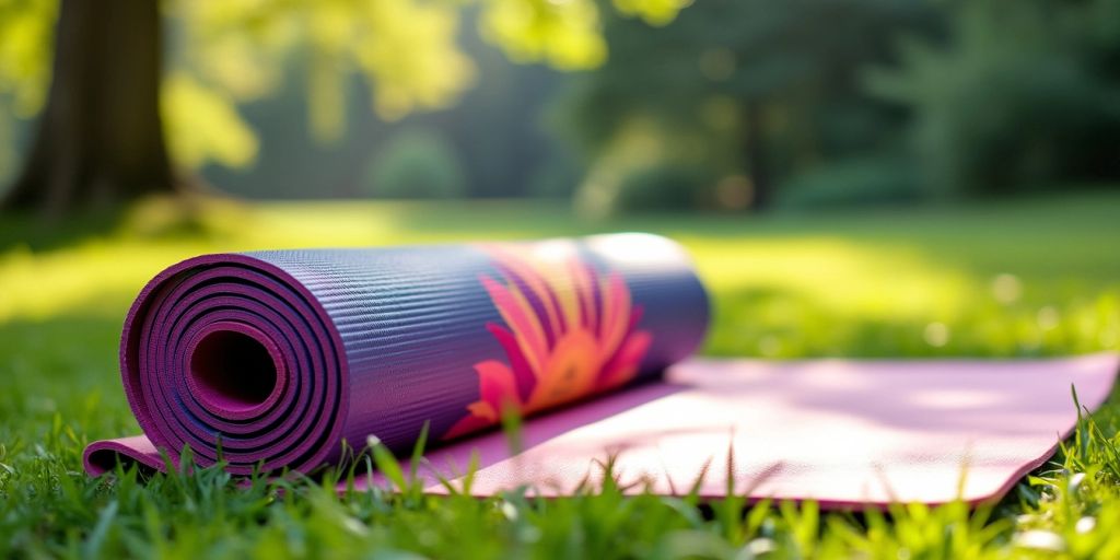 Colorful yoga mat on grass with sunlight and greenery.