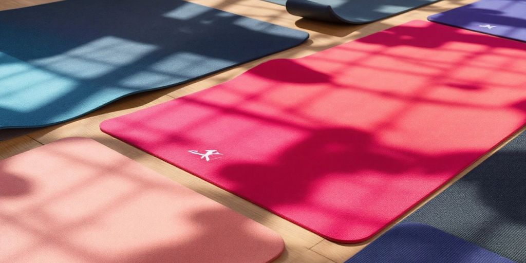 Colorful yoga mats for men on a wooden floor.