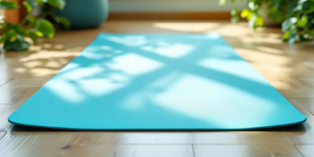 Turquoise yoga mat on a wooden floor with greenery.