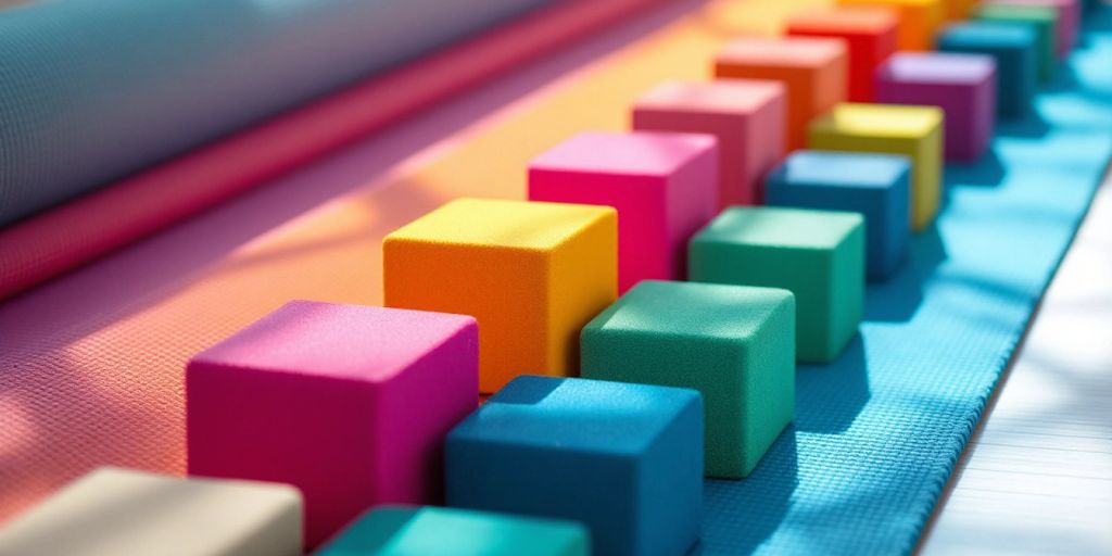 Colorful yoga mat and blocks for yoga practice.