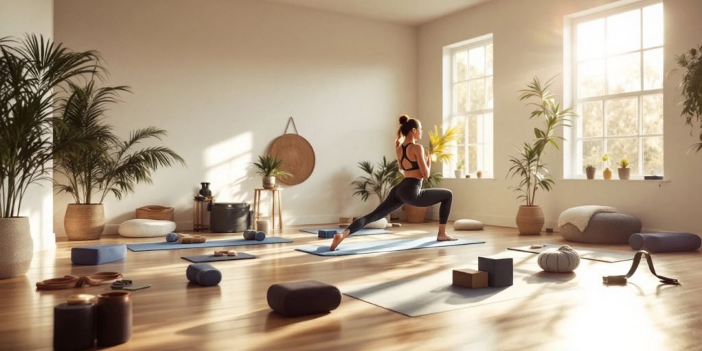 Yoga studio with Retrospec gear and a practitioner.
