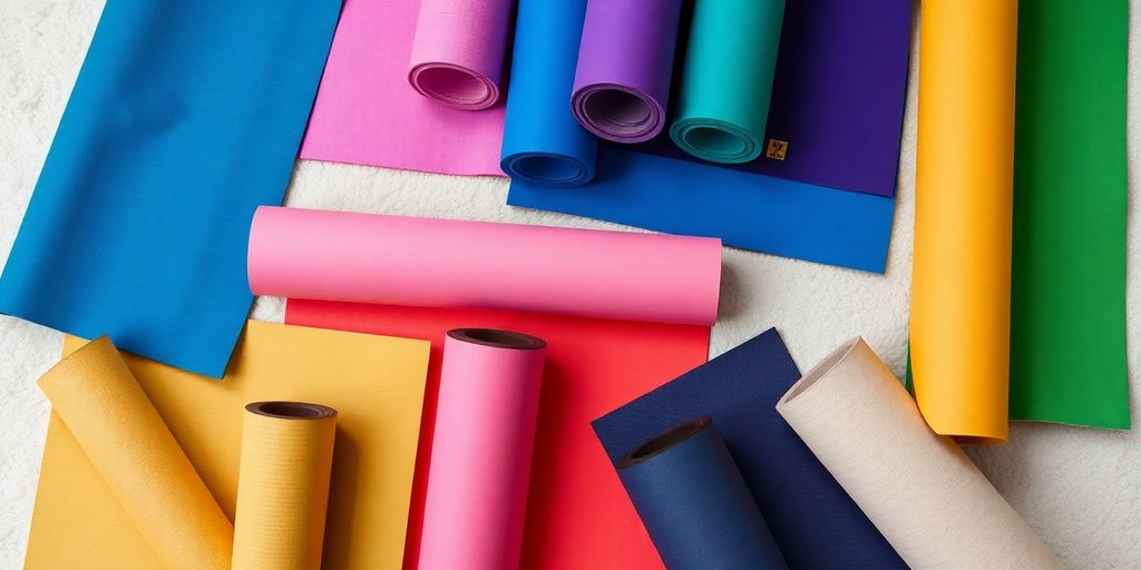 Colorful yoga mats arranged on a soft surface.