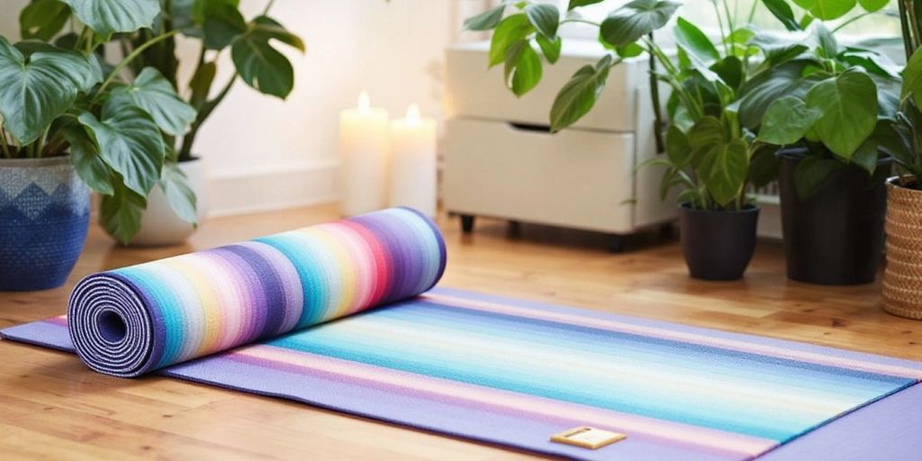 Pendleton Yeti Yoga Mat on a wooden floor with plants.