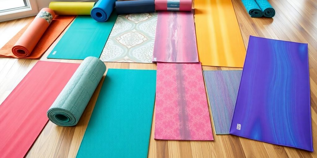 Colorful yoga mats on a wooden floor.