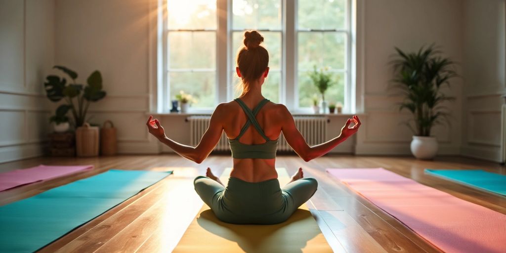 Colorful yoga mats in a serene studio setting.