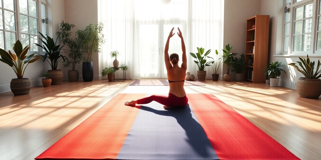 Yoga mat in a sunlit studio with calming decor.