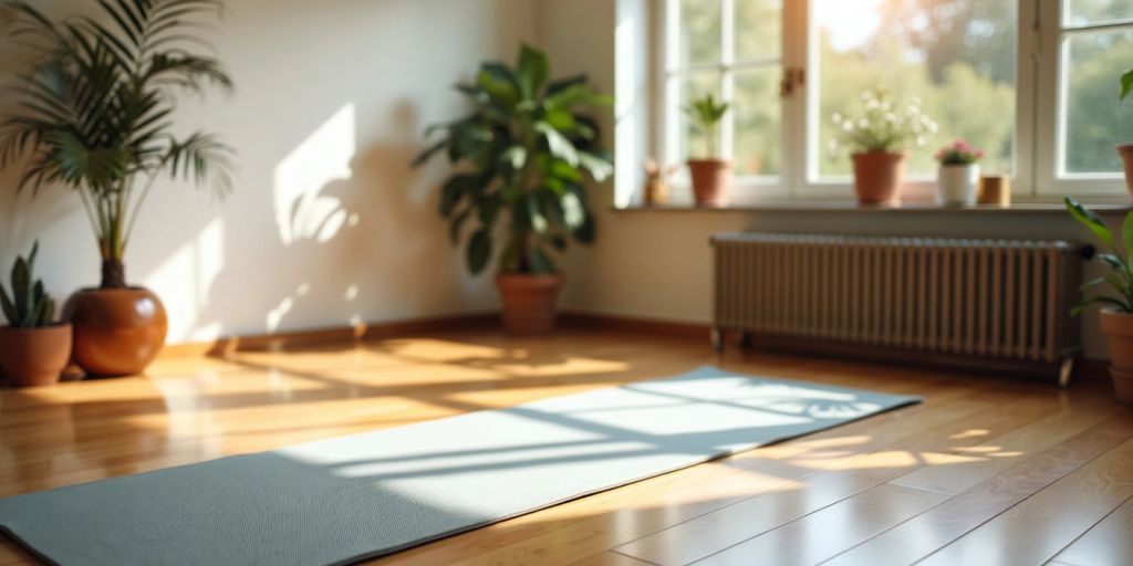 Light grey yoga mat in a peaceful studio setting.