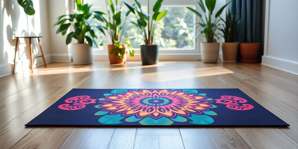 Colorful yoga mat on a wooden floor with plants.