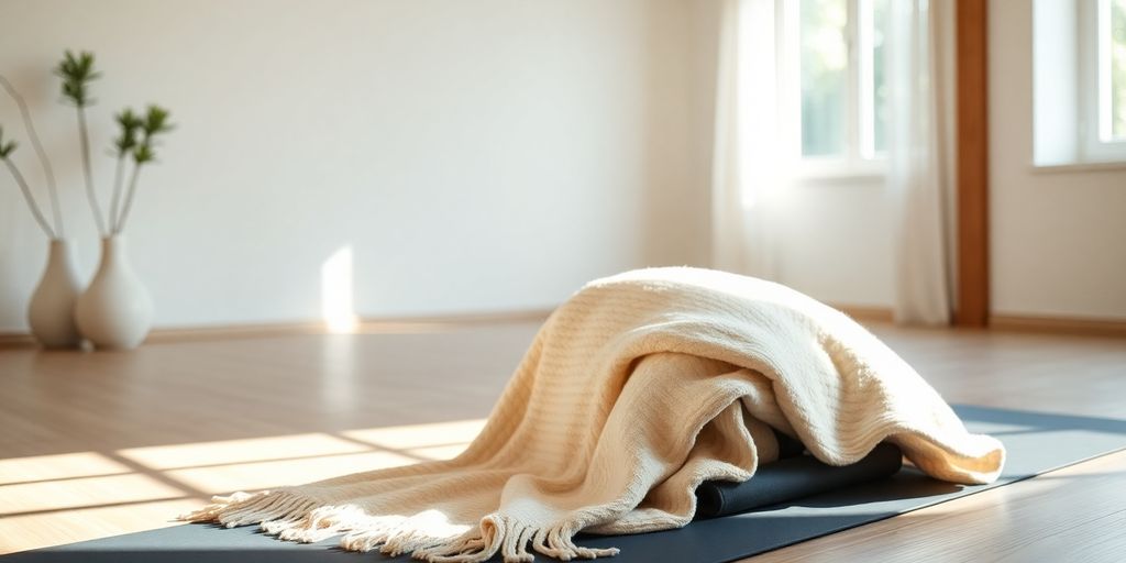 Cotton yoga blanket on a mat in a peaceful studio.