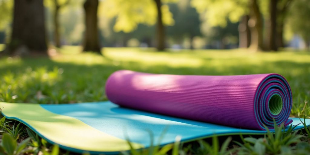 Portable folding yoga mat on grass in nature.