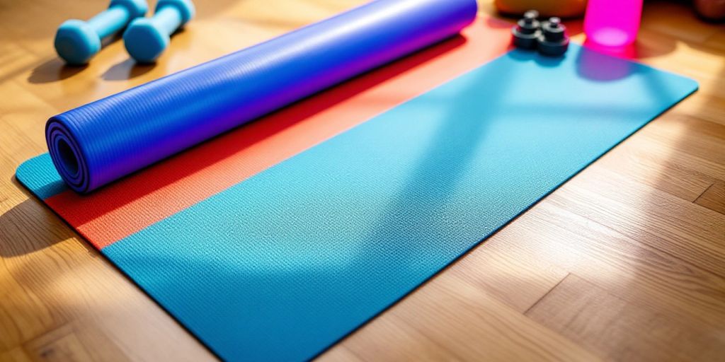 Colorful workout mat with dumbbells and water bottle.