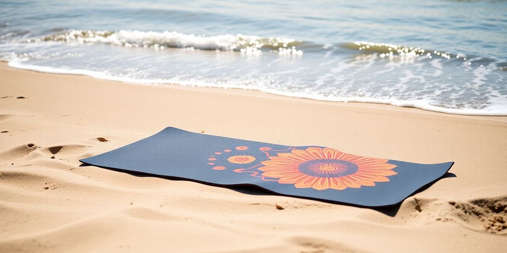 Thin yoga mat on a beach for travel workouts.