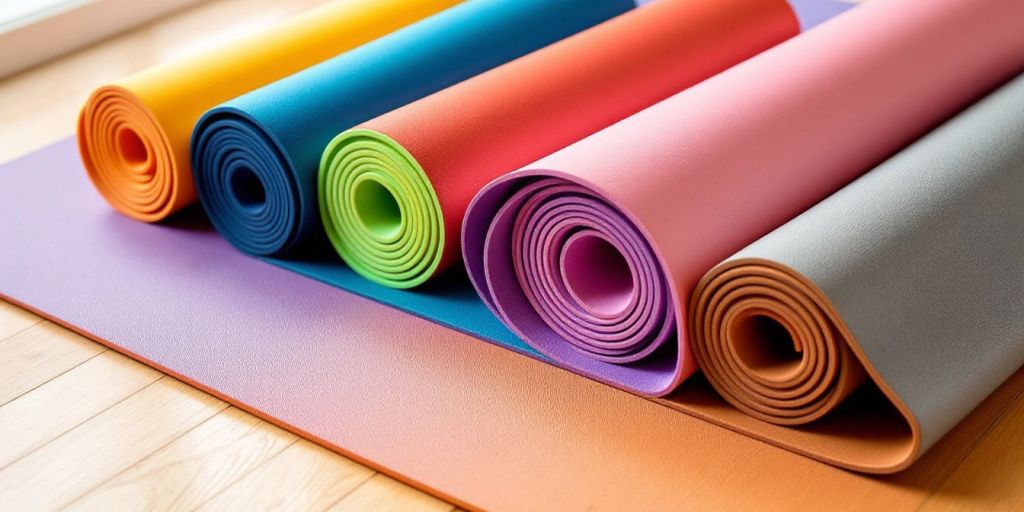 Colorful hot yoga mats arranged on a wooden floor.